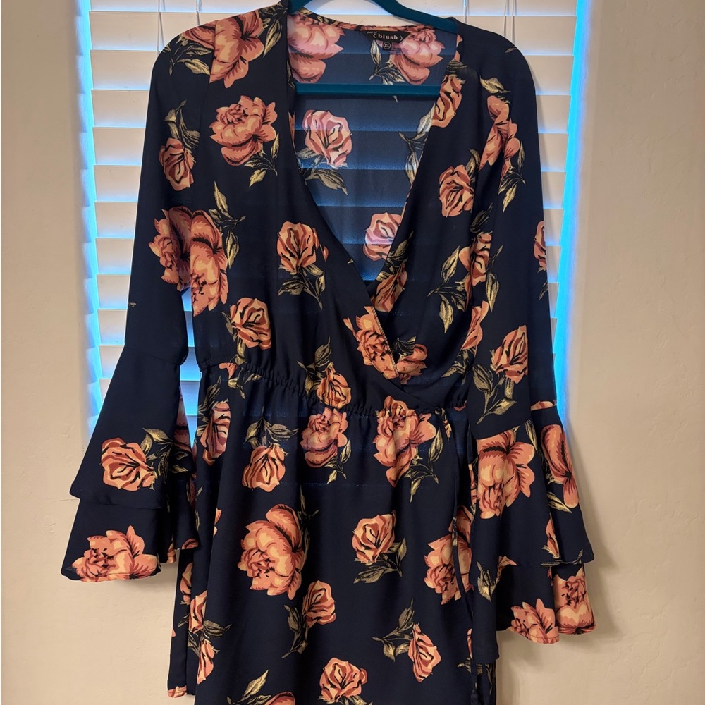 Navy Floral Wrap-Style Dress with Peach Roses
